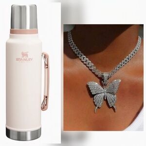 2fer Stanley Insulated 1.5Q & Silver Butterfly Cuban Link Chain Necklace Bundle